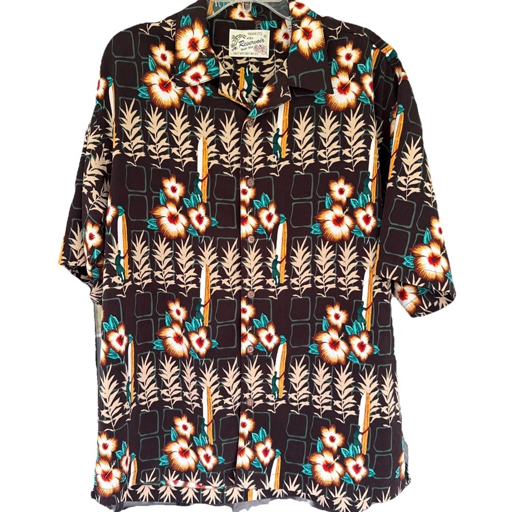 Reservoir Shirt Mens Large Hawaiian Aloha Camp Brown  Floral Surfboards